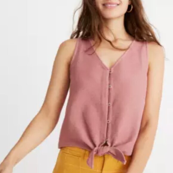 Madewell Texture & Thread Dusty Pink V Neck Tie Front Button Up Tank Top - Picture 1 of 9